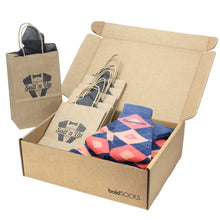 Load image into Gallery viewer, Customizable Groomsmen Gift Set Sunset Navy Argyle Men’s Dress Socks
