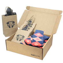 Load image into Gallery viewer, Customizable Groomsmen Gift Set Sunset Navy Argyle Men’s Dress Socks
