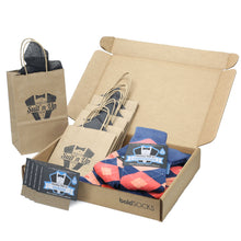 Load image into Gallery viewer, Customizable Groomsmen Gift Set Sunset Navy Argyle Men’s Dress Socks

