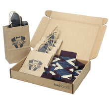 Load image into Gallery viewer, Customizable Groomsmen Gift Set Bordeaux Champagne Navy Argyle Men’s Dress Socks
