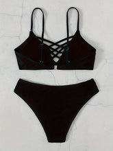 Load image into Gallery viewer, Noir Allure Criss Cross Bikini Set for Women – Chic Elegant Hollow Out Design with High Waist Buckle Detail Adjustable Spaghetti Straps &amp; Medium Stretch Nylon – 2-Piece Women's Swimwear for Summer Beach Days &amp; Poolside Glam
