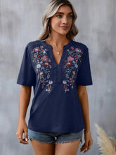 Load image into Gallery viewer, Women's Floral Embroidered Notched V-Neck T-Shirt – Short Sleeve Boho Lace Trim Top
