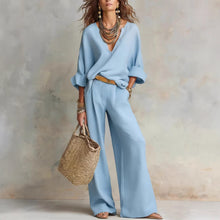 Load image into Gallery viewer, Women's Casual Linen Vacation Set – Three-Quarter Sleeve Top &amp; Full-Length Pants
