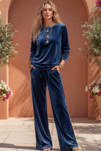 Load image into Gallery viewer, Women's Velvet Two-Piece Lounge Set – Round Neck Top &amp; Wide-Leg Pants
