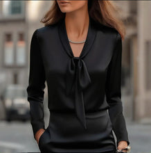 Load image into Gallery viewer, Elegant Satin Ribbon Blouse — Long Sleeve Button-Down Work Shirt
