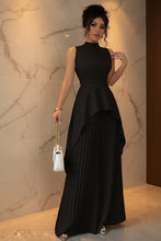 Load image into Gallery viewer, Women's Mock Neck Asymmetric Hi-Lo Peplum Top &amp; Accordion Pleated Wide-Leg Palazzo Pants Set
