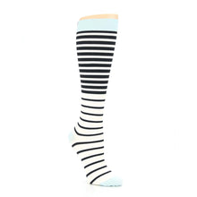 Load image into Gallery viewer, Sky Blue Cream Black Stripes Compression Socks - Women&#39;s Knee High Socks
