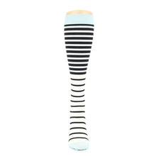 Load image into Gallery viewer, Sky Blue Cream Black Stripes Compression Socks - Women&#39;s Knee High Socks
