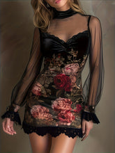 Load image into Gallery viewer, Women's Lace Trim Printed Tulle Bodycon Mini Dress with Bubble Sleeves
