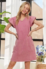 Load image into Gallery viewer, Mineral Washed V-Neck Ruffled Cap Sleeve Dress – Trendy, Comfortable, Playful, Unique Wash For Any Occasion
