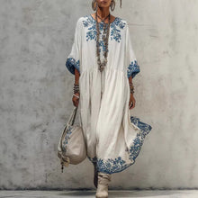 Load image into Gallery viewer, Women's Printed Batwing Sleeve Midi Dress – Loose Fit Linen Blend

