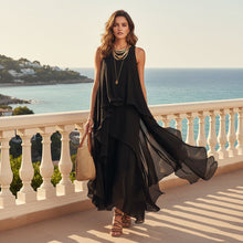 Load image into Gallery viewer, Black Asymmetrical Chiffon Maxi Dress – Flowy Sleeveless Boho A-Line Long Dress for Women
