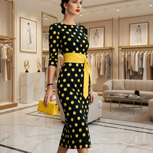 Load image into Gallery viewer, Women's Retro Polka-Dot Bodycon Midi Dress | Belted Waist Slim Fit
