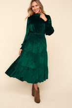 Load image into Gallery viewer, Mock Neck Smocked Waist Velvet Tiered Dress – Elegant Velvet Dress, Tiered Babydoll Dress, Smocked Waist Dress, Velvet Party Dress, Long Sleeve Dress
