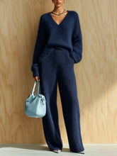Load image into Gallery viewer, Women's Fluffy V-Neck Oversized Sweater &amp; Wide-Rib Wide-Leg Knit Trouser Set
