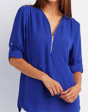 Load image into Gallery viewer, Women's Short-Sleeve Zip V-Neck Loose Top
