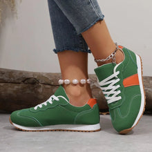 Load image into Gallery viewer, PU Leather Contrast Round Toe Flat Sneakers – Lace-Up Casual
