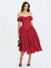 Load image into Gallery viewer, Xavy Crimson Off-Shoulder Corset Midi Dress
