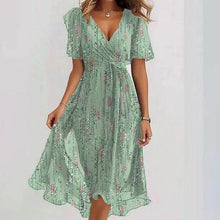 Load image into Gallery viewer, Floral Print A-Line Dress – V-Neck Short Sleeve Midi Dress

