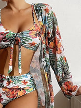 Load image into Gallery viewer, New Tropical Bloom 3-Piece Swimsuit Set – High Waist Floral Fluttering Bikini with Crew Neck Top Spaghetti Straps and Matching Long Sleeve Cover-Up – Stylish Stretchy Women’s Swimwear for Beach &amp; Summer Escapes
