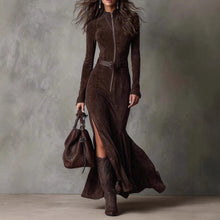 Load image into Gallery viewer, Women's Suede Velvet Zip-Front Fishtail Maxi Dress – Long Sleeve High Waist Mermaid Hem
