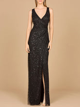Load image into Gallery viewer, Beaded Black Gown with Slit
