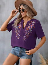 Load image into Gallery viewer, Women's Floral Embroidered Notched V-Neck T-Shirt – Short Sleeve Boho Lace Trim Top
