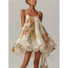 Load image into Gallery viewer, Women's Floral Print Spaghetti Strap Ruffle Neck Layered Lace Hem Mini Dress
