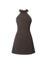 Load image into Gallery viewer, Yael Espresso Vegan Suede Faux Fur Halter Mini Dress
