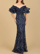 Load image into Gallery viewer, Off Shoulder Mermaid Beaded Gown with Tiered Sleeves
