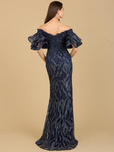 Load image into Gallery viewer, Off Shoulder Mermaid Beaded Gown with Tiered Sleeves
