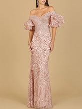 Load image into Gallery viewer, Off Shoulder Mermaid Beaded Gown with Tiered Sleeves
