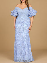 Load image into Gallery viewer, Off Shoulder Mermaid Beaded Gown with Tiered Sleeves
