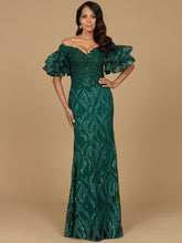 Load image into Gallery viewer, Off Shoulder Mermaid Beaded Gown with Tiered Sleeves
