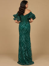 Load image into Gallery viewer, Off Shoulder Mermaid Beaded Gown with Tiered Sleeves
