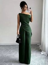 Load image into Gallery viewer, One-Shoulder Asymmetric Top &amp; Wide-Leg Pants 2-Piece Set – Women's Elegant Co-ord Suit

