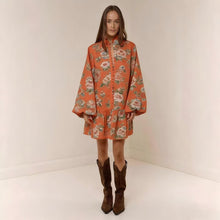 Load image into Gallery viewer, Digital Print Lantern Sleeve Linen Midi Dress – Loose Fit Pullover
