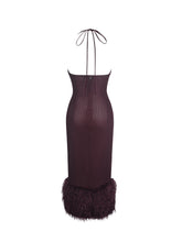 Load image into Gallery viewer, Pluma Maroon Halter Faux-Fur Trimmed Midi Dress
