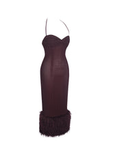 Load image into Gallery viewer, Pluma Maroon Halter Faux-Fur Trimmed Midi Dress

