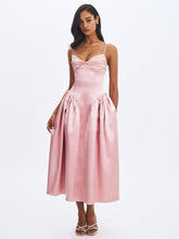 Load image into Gallery viewer, Tullia Dusty Rose Satin Ruched Midi Dress
