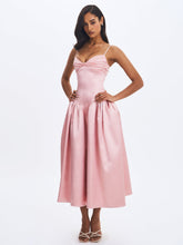 Load image into Gallery viewer, Tullia Dusty Rose Satin Ruched Midi Dress
