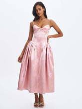 Load image into Gallery viewer, Tullia Dusty Rose Satin Ruched Midi Dress
