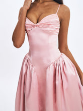 Load image into Gallery viewer, Tullia Dusty Rose Satin Ruched Midi Dress
