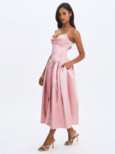 Load image into Gallery viewer, Tullia Dusty Rose Satin Ruched Midi Dress
