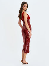 Load image into Gallery viewer, Shanelle Crimson Sequin Plunging Midi Dress
