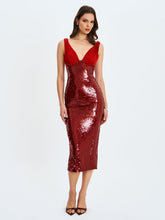 Load image into Gallery viewer, Shanelle Crimson Sequin Plunging Midi Dress
