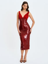 Load image into Gallery viewer, Shanelle Crimson Sequin Plunging Midi Dress
