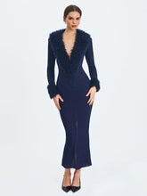 Load image into Gallery viewer, Romina Navy Plunging Fur Trimmed Crochet Maxi Dress
