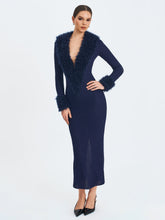 Load image into Gallery viewer, Romina Navy Plunging Fur Trimmed Crochet Maxi Dress

