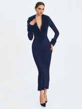 Load image into Gallery viewer, Romina Navy Plunging Fur Trimmed Crochet Maxi Dress
